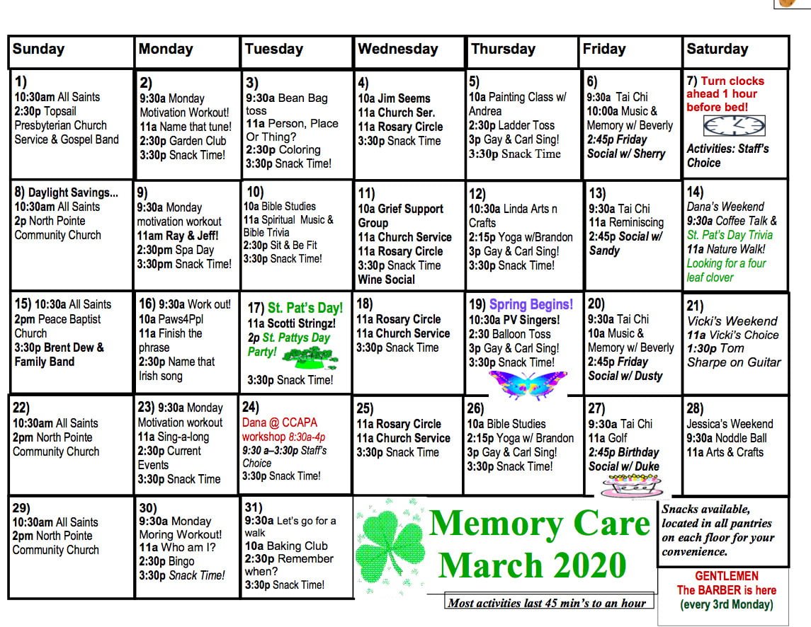 Memory Care Calendar The Davis Community